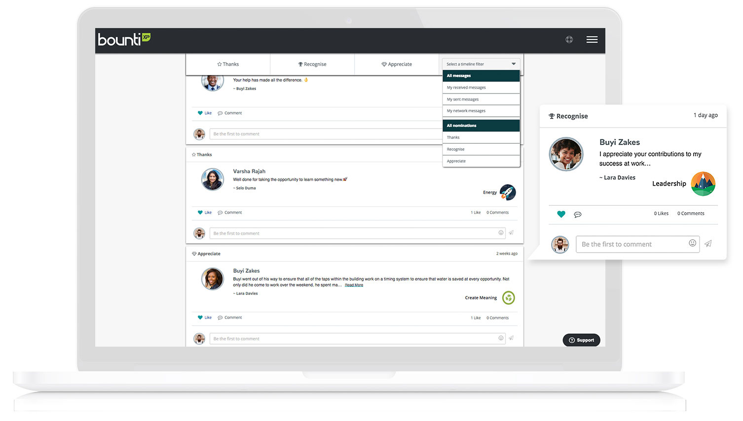 View nominations, Event feed filters, Add comments, Add likes, Follow peers, View peer profiles